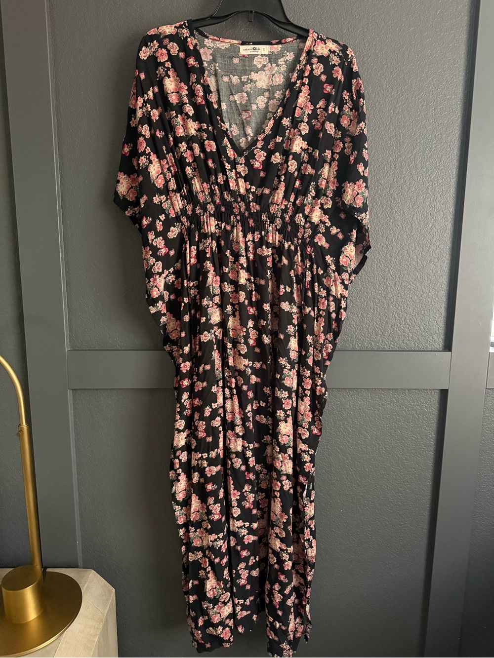 NATURAL LIFE • Sanibel kaftan Maxi Dress black with Pink Floral Print Small